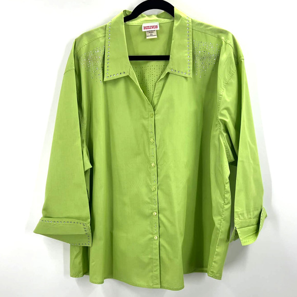 DazzleWear Vintage Western Button Up Embellished Green Blouse Women's 2XL - Picture 1 of 10